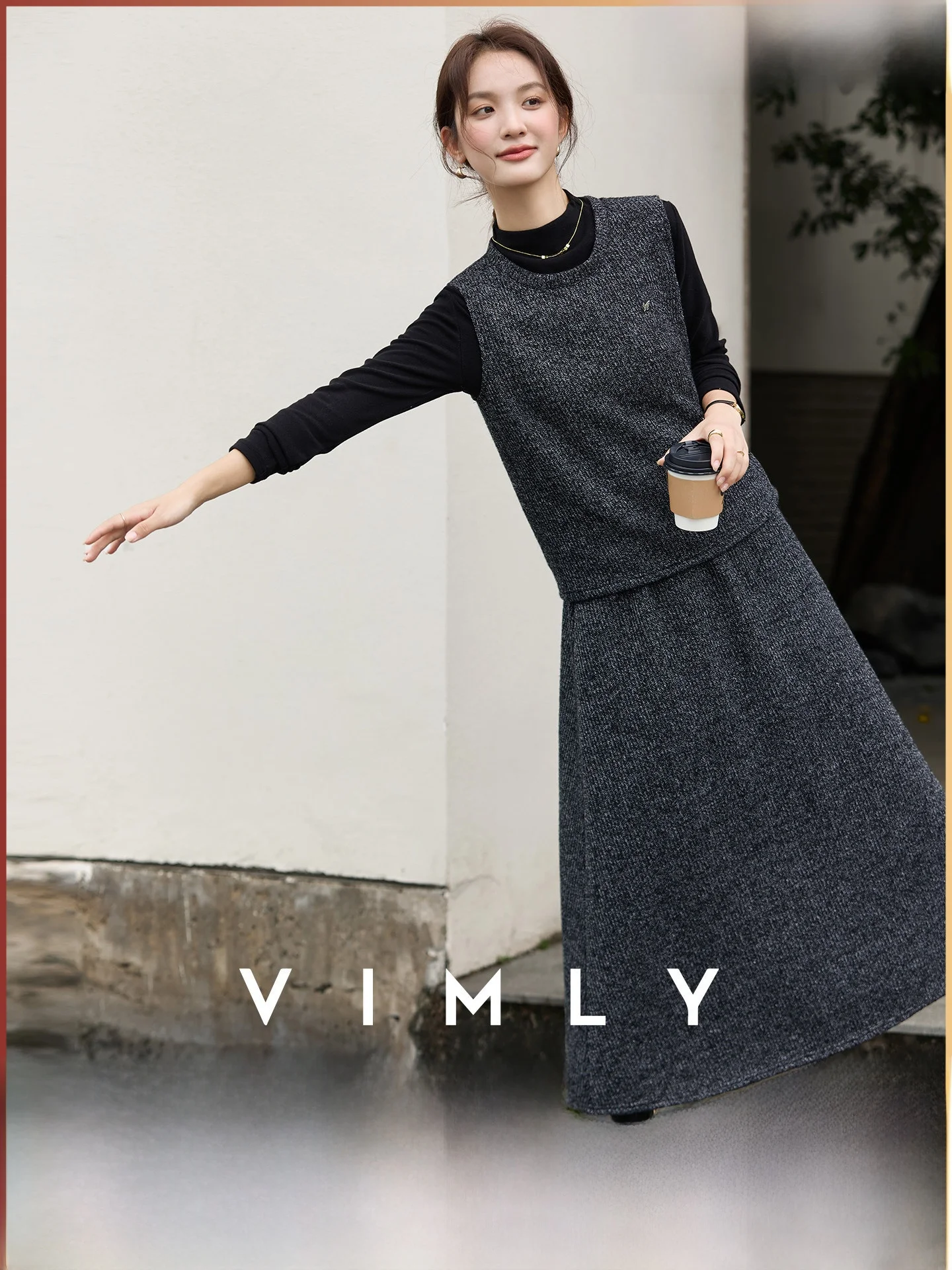 

Винтажный вязаный комплект Vimly: женский жилет с круглым вырезом и юбка миди, костюм из двух предметов, зимний повседневный стиль, полиэстер