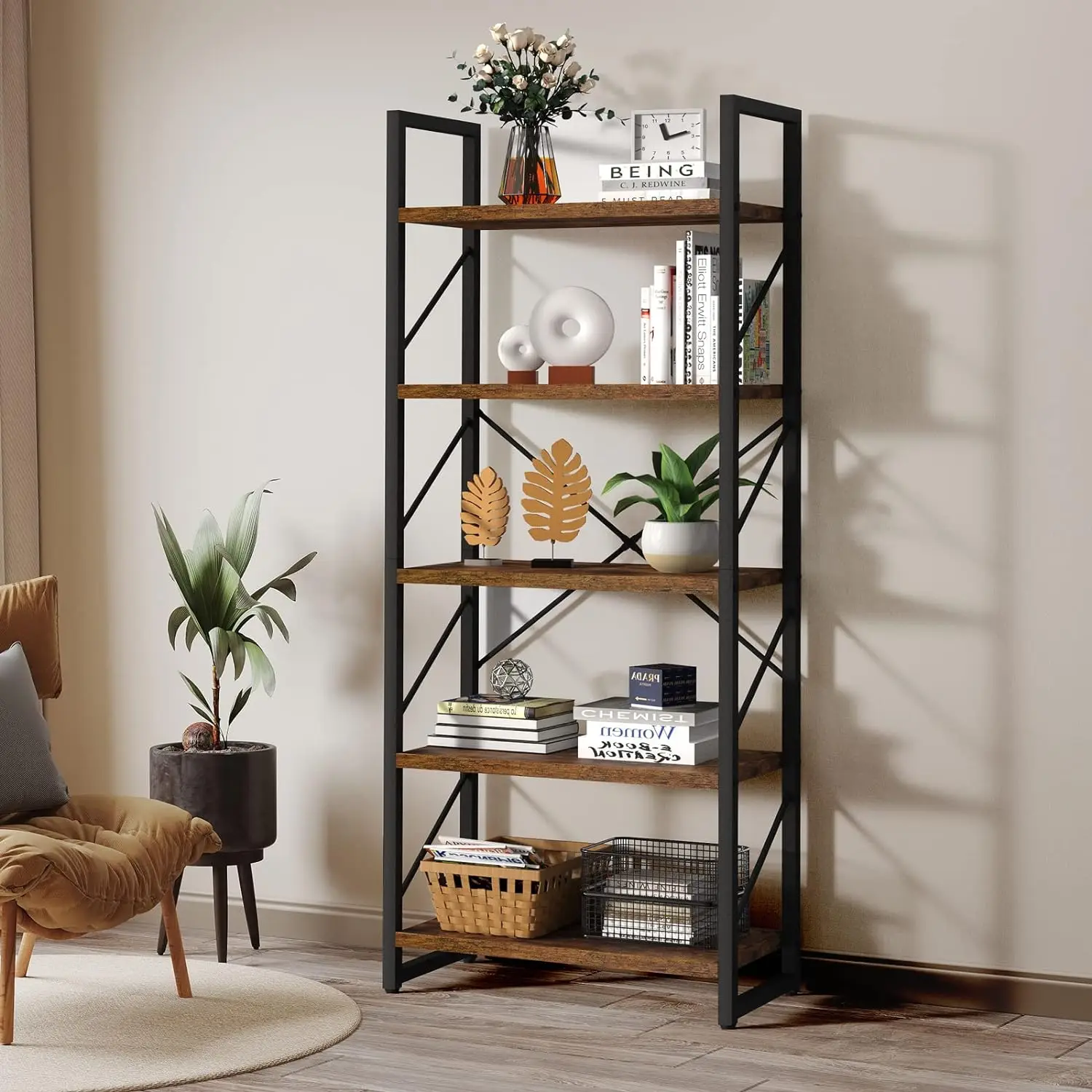 5 Tiers Bookshelf, Artsy Modern Bookcase, Book Rack, Storage Rack Shelves Books Holder Organizer for Books/- Rustic Brown