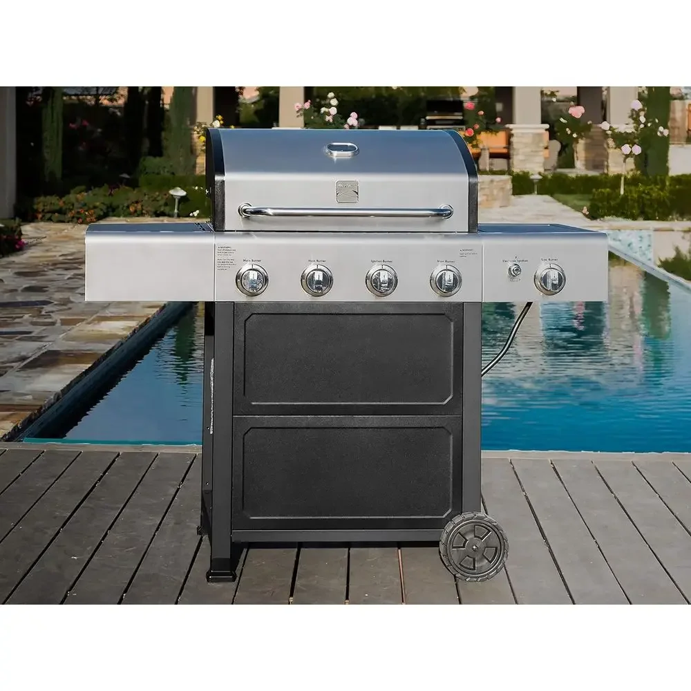 4-Burner Propane Gas Grill with Side Burner, Cast Iron Grates, Electronic Ignition, Warming Rack, Open Cart, 53000 BTU, Stainles