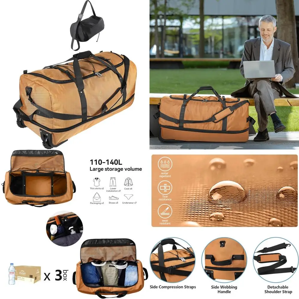 حقيبة سفر دوارة 110 لتر - 140 لتر قابلة للتوسيع، قماش أكسفورد 1680D، واق من المطر قابل للطي بعجلتين، بني #1
