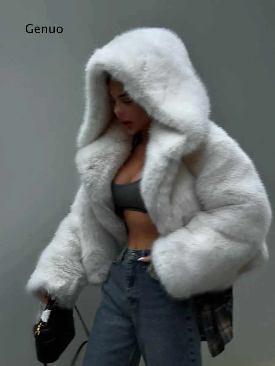 Women Hooded Faux Fox Fur Long Coat Fluffy Warm Winter Outerwear Elegant Plush Fur Jacket Streetwear Top