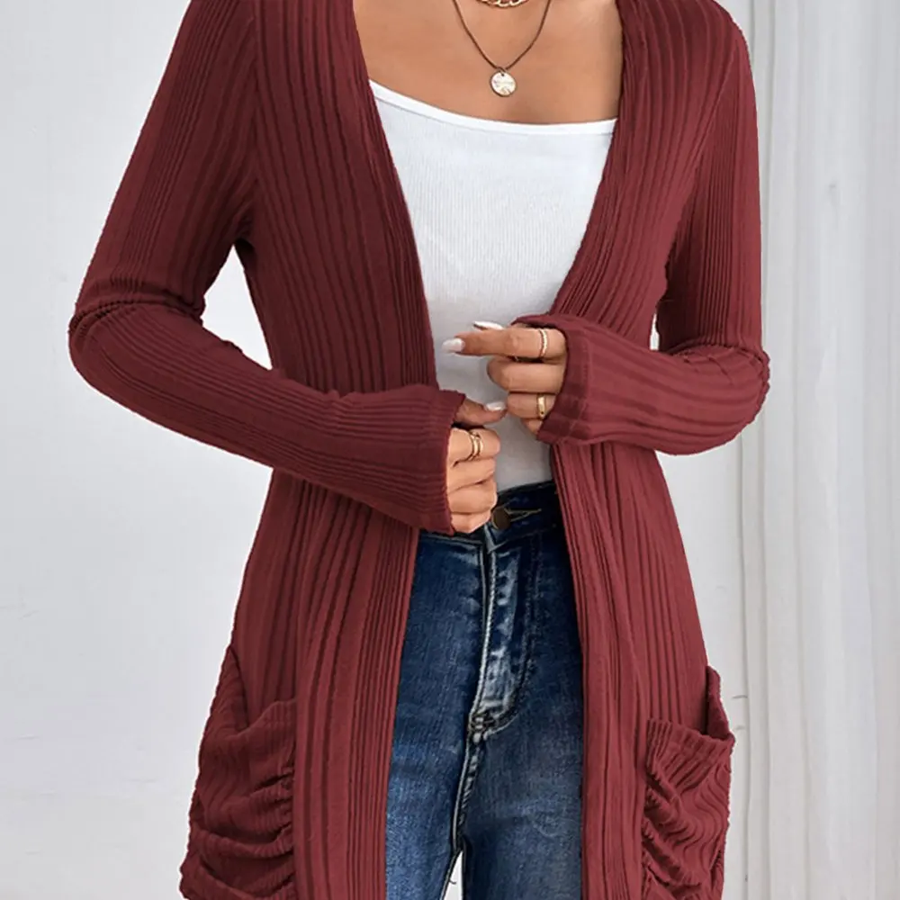 

Женские модные кардиганы с длинными рукавами и открытой передней частью в однотонную полоску, повседневные осенние кардиганы стандартной посадки с карманами