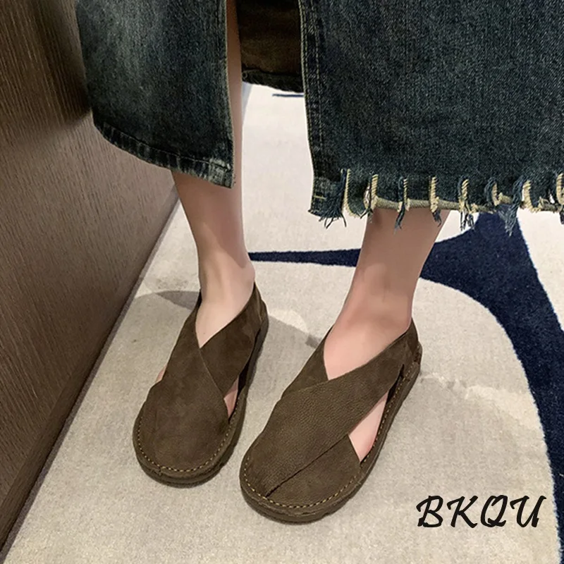 

BKQU Women's Sandals 2024 Summer Vintage Hand-crossed Hollow Literary Sen Soft Soled Flat Casual Roman Shoes 35-42