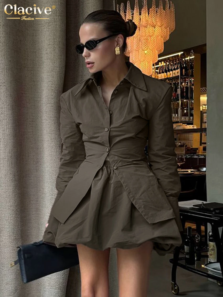 Clacive Fashion Loose Brown Nylon 2 Piece Sets Women Outfit 2025 Elegant Long Sleeve Shirt With High Waist Mini Skirt Set Female