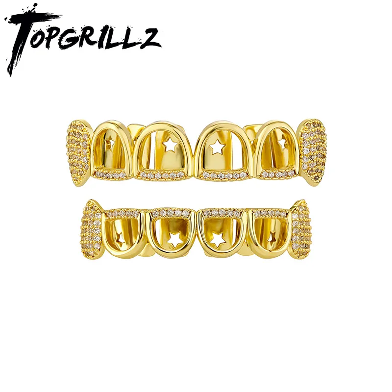 TOPGRILLZ Hollow CZ Stones Teeth Grillz Caps Cubic Zircon Iced Out Micro Pave 6 Top&6 Bottom Charm Grills For Unisex Jewelry