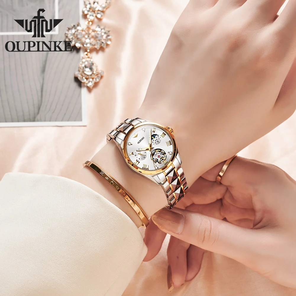 OUPINKE 3202 reloj mecánico de fase lunar para mujer esfera con mecanismo al descubierto relojes de mujer impermeables reloj de pulsera automático