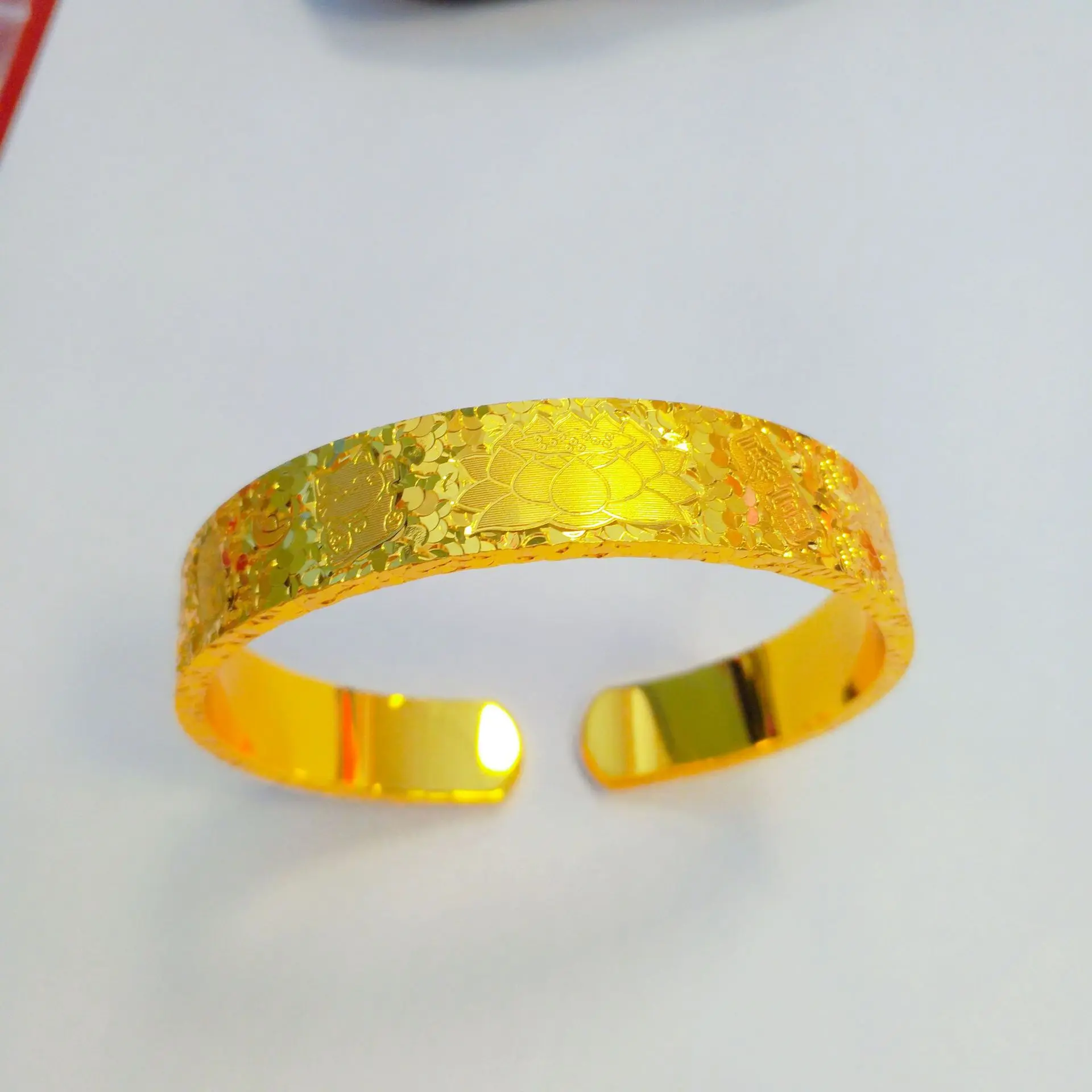 Chinese Lotus Ice Gold Open Bangle! 24K Gold AU999 Women's, 3-Side Ice Translucent + Matte Petals, Adjustable for Cheongsam/Gown