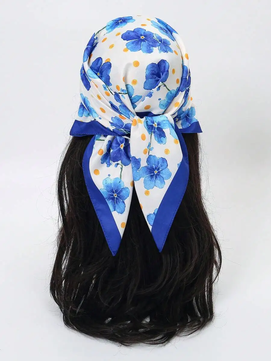 

70cm Floral Print Square Scarf For Women, Versatile Headband Neck Wrap Beach Holiday Accessory