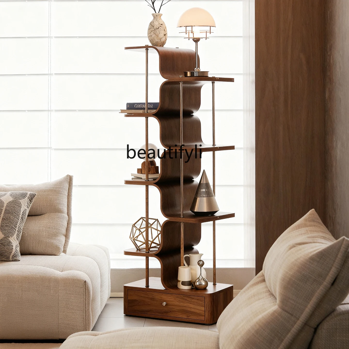 

Solid wood bookshelf Modern simple floor shelf Living room, corner balcony Multi-layer display shelf