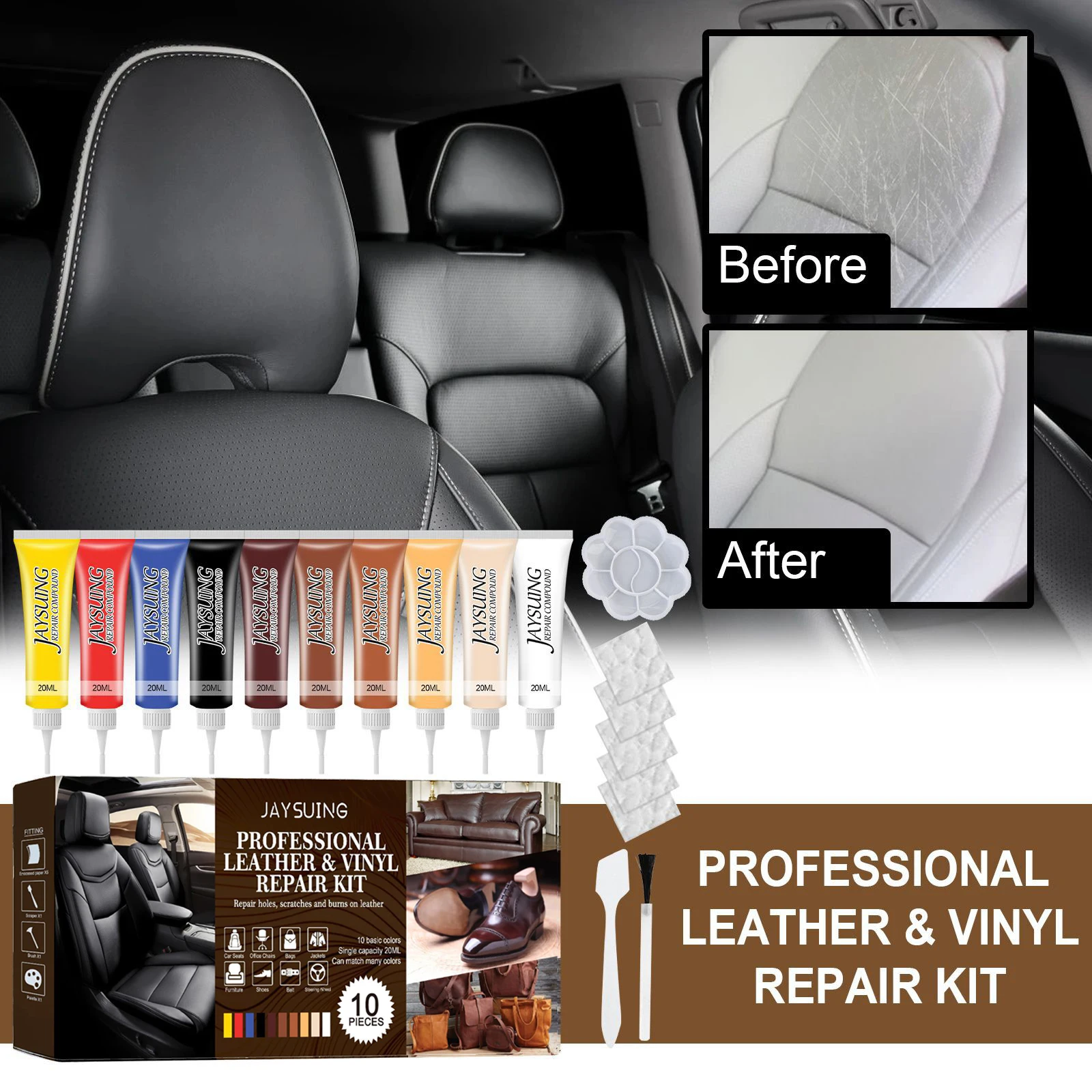 Leather Recoloring Balm Set - 10-Color Leather & Vinyl Repair Kit, Waterproof Wear-Resistant Non-Peeling Formula, Scratch & Damage Color Restorer for Sofas, Car Seats, Bags & Shoes