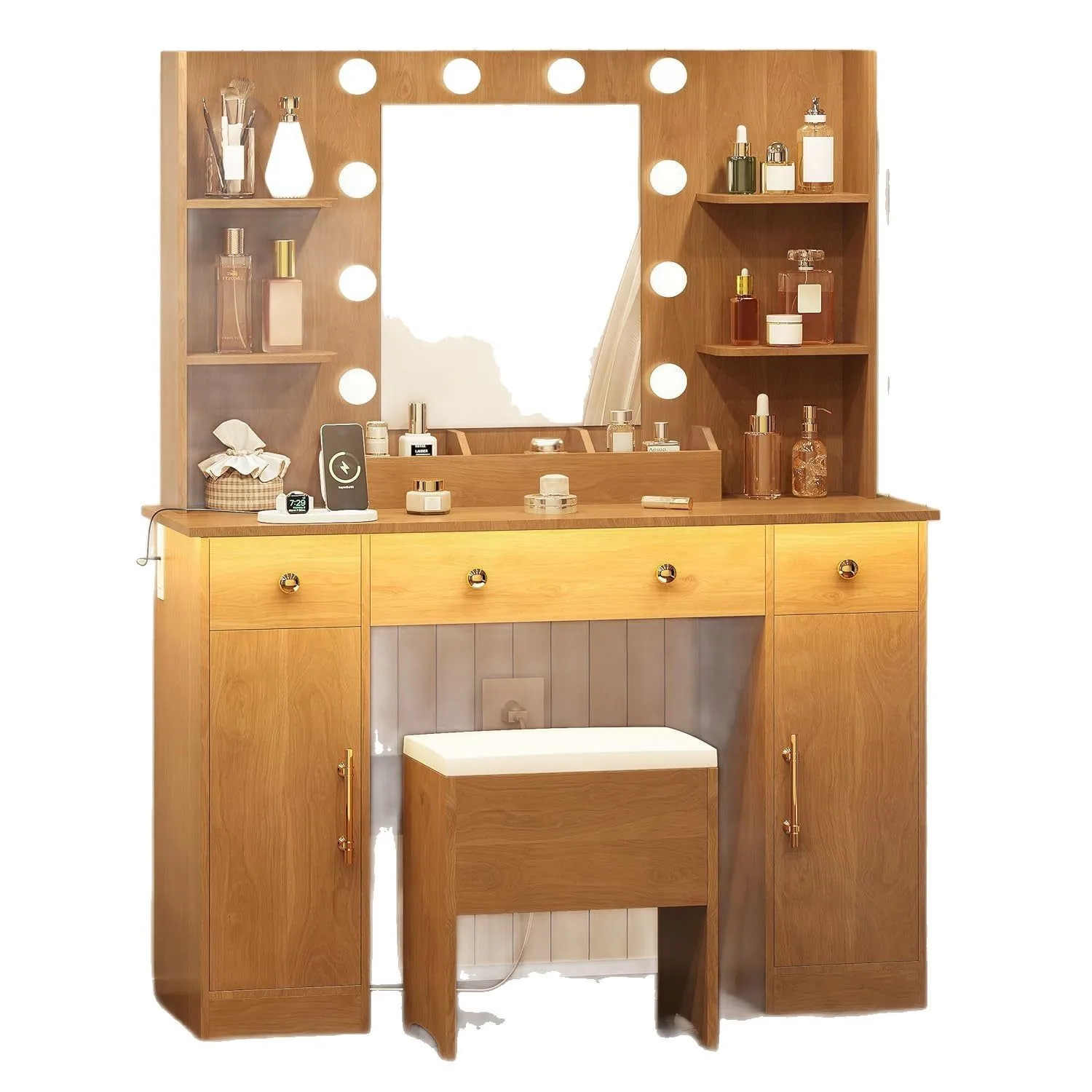 خزانة مع مرآة ومصباح، طاولة زينة خشبية مع محطة شحن ومقعد، مع 3 أدراج #5