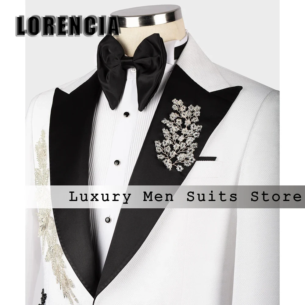 Exquisite Diamond Applique Male Suits 3 Pieces Peak Label Wedding Party Gowns Customized Blazer Pants Vest roupas masculinas