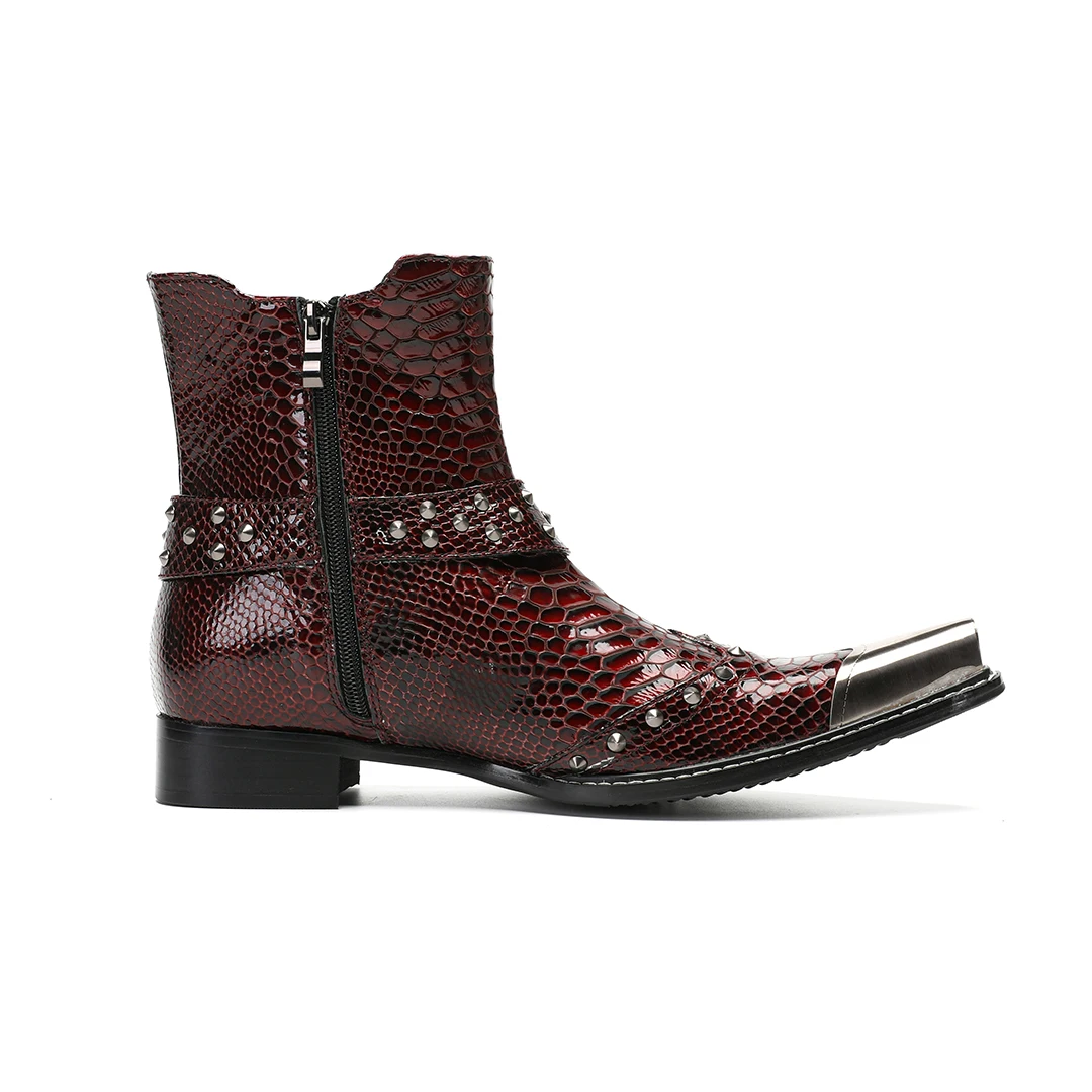 Western Punk Men Genuine LEather Ankle Boots Red Metal Pointed Toe Studded High Top Chelsea Cowboy For Man Boots Botas Masculino