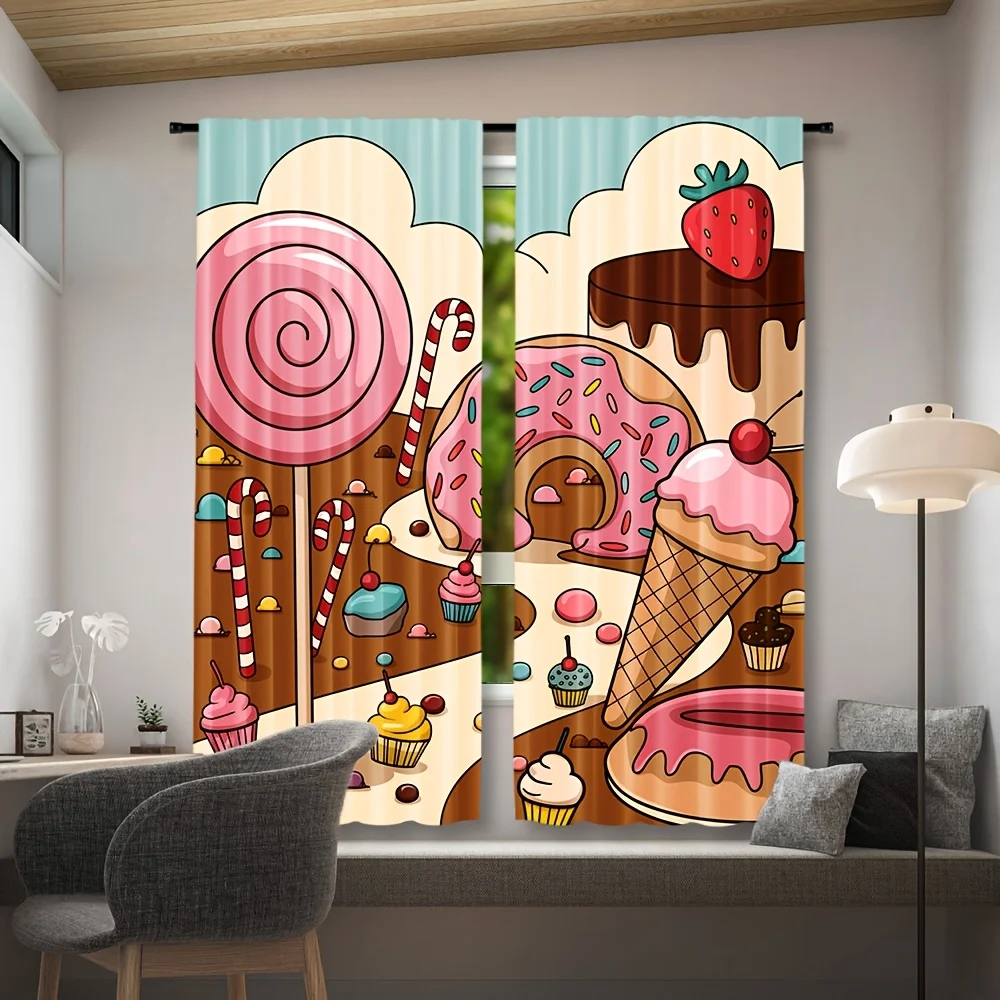 Cartoon Sweet Dessert Blackout Rod Pocket Curtain Lollipop Donut Ice Cream Decor Kid Homestay Snack Rest Bay Window