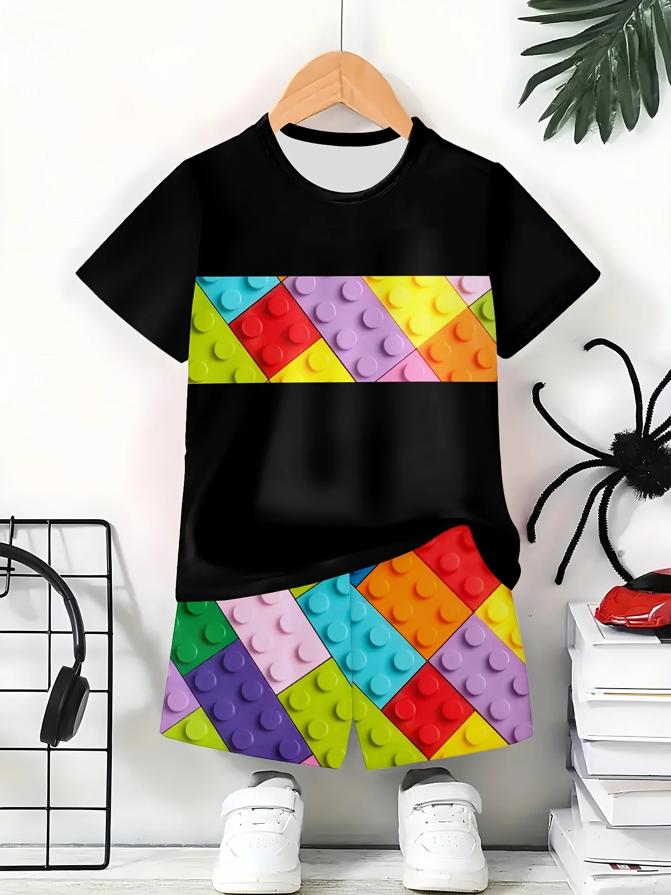 2026 Kinderkleidung 3D Bunte Bausteine Sommer-Oberteile Kinder-Sets Kurzarm Kinder-Trainingsanzüge Modische Jungenkleidung – Detail 7