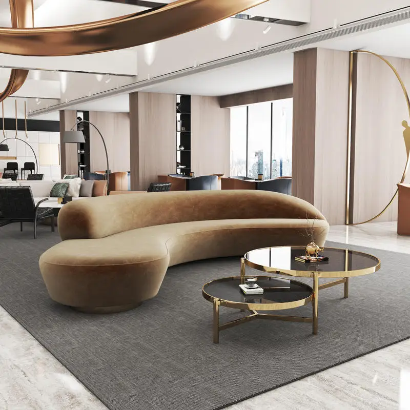 Modern Leather Velvet Curved Lobby Reception Sofa, Salon, Shopping Mall Waiting Sofa, Leisure Hotel Sofa Lobby Furniture