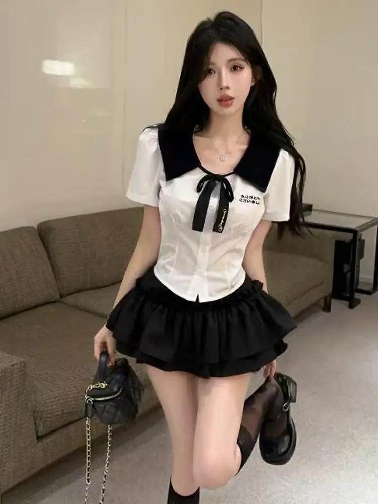 

Комплект College Sle JK orm Женский летний дизайн Pure Desire ort Top Высокая талия Торт Брюки Юбка Комплект из двух предметов