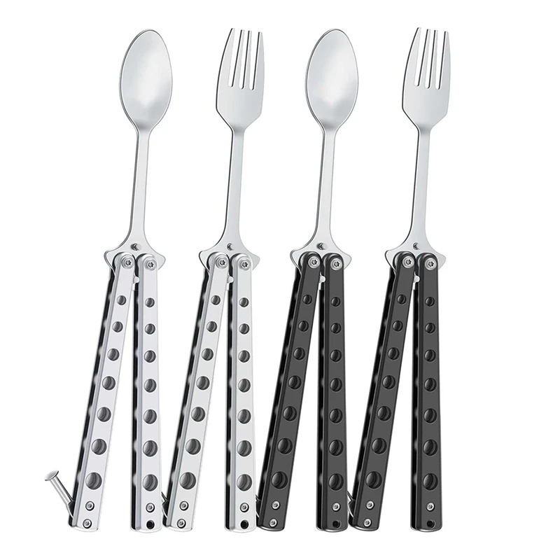 

4 Pcs Butterfly Fork And Spoon Set Folding Stainless Steel Forks And Spoons For Travel Hiking BBQ