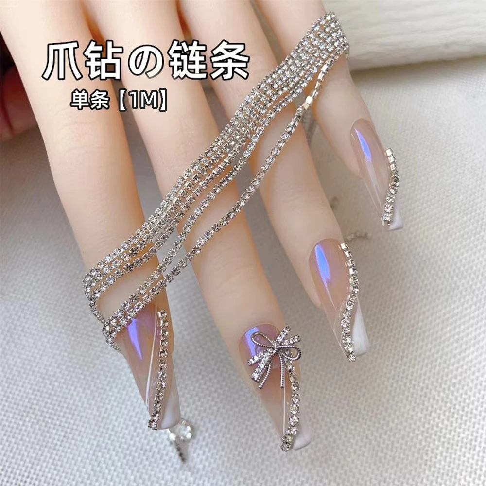 100Cm Zilver Kristal Diamant Kettingen Nagel Bedels Sprankelende Luxe Zirkoon 1.5/2Mm Ketting Nail Steentjes Trimbare Manicure Kettingen