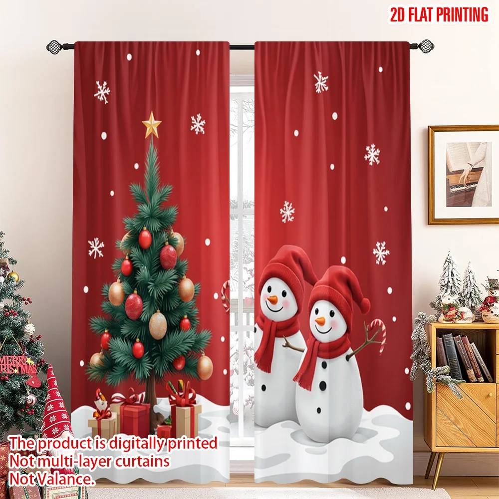 

2pcs 2D flat printing Christmas Scene Curtain Christmas Tree Snowman Holiday Scene Fabric Without Electricity Festive Curtains