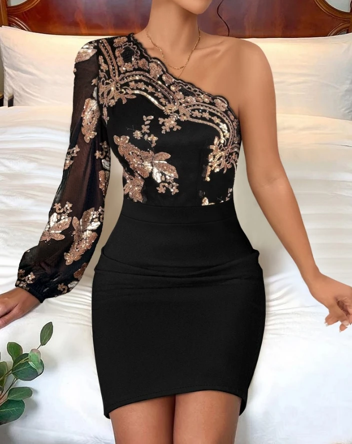 Fashion Dresses Floral Pattern Contrast Sequin One Shoulder Bodycon Dress Elegant Dresses for Women Shipped Within 48 Hours