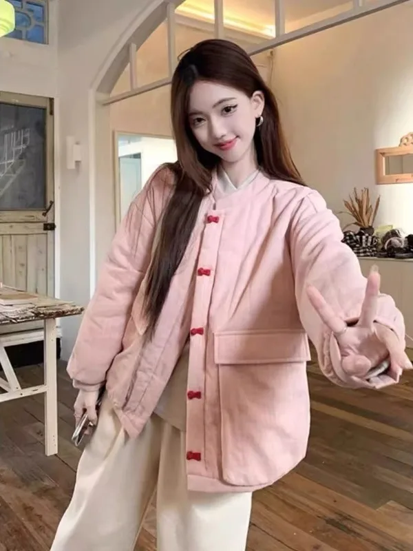 

Розовая утепленная зимняя хлопковая куртка для женщин, теплая повседневная корейская куртка-пальто, маленький размер, верхняя одежда из хлопка