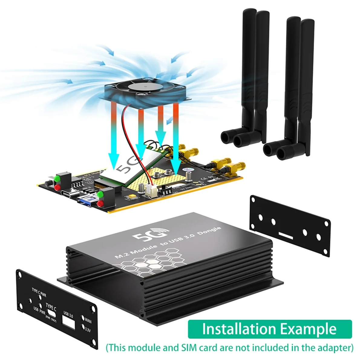 A71Z USB 3.0 to NGFF M.2 B-Key Wireless Adapter 1 SIM Card Slot 4 Antennas & Case with USB Cable for 5G 4G LTE WWAN Modem