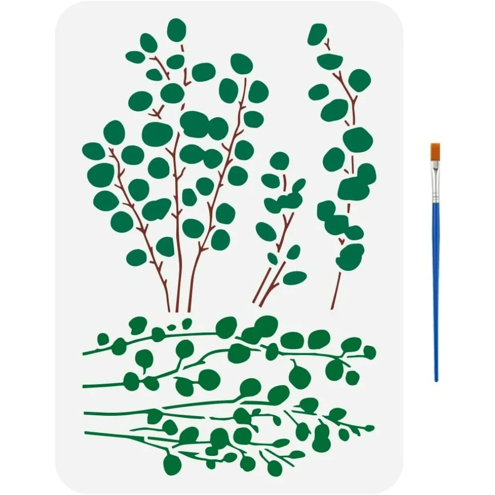 استنسل رسم أوراق الأوكالبتوس مع فرشاة 8.3 × 11.7 بوصة قالب فروع الأوكالبتوس نبات قابل لإعادة الاستخدام استنسل الأوكالبتوس