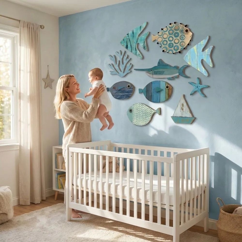 

10Pcs Vintage Rustic Ocean Animal Decoration Retro Funny Fish Wall Decor Wall Art Wooden Decorations Summer Outdoor