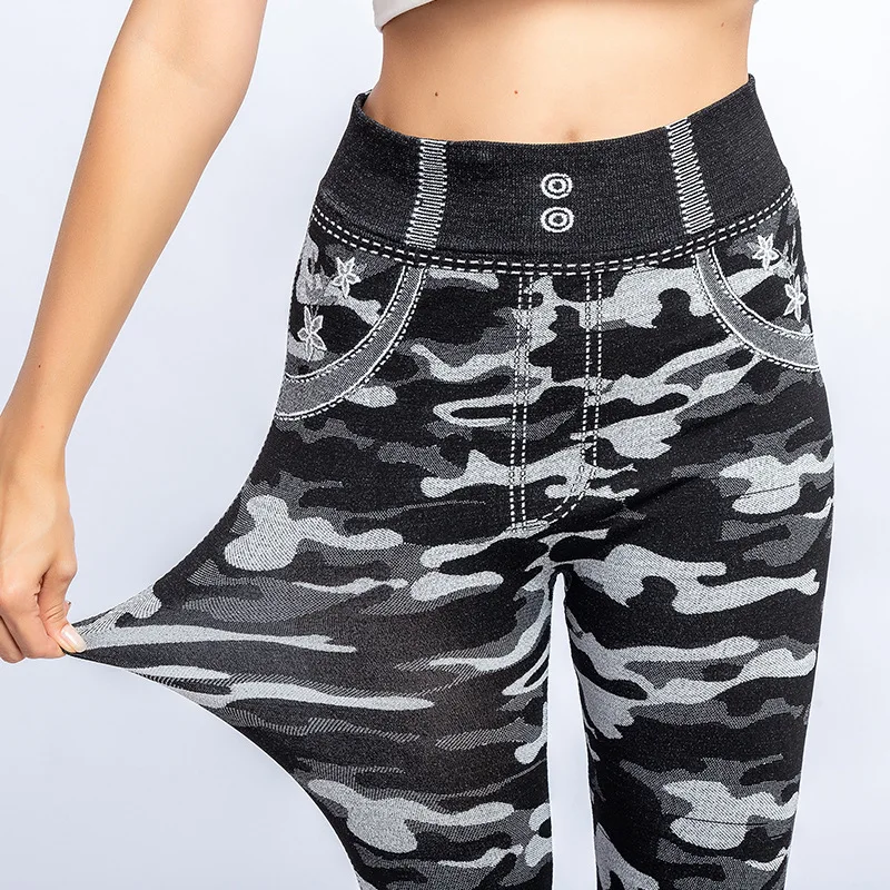 Camouflage Leggings Frauen Jacquard Denim Leggings Hohe Stretch Fitness Leggings Damen Schwarz Yoga Hosen