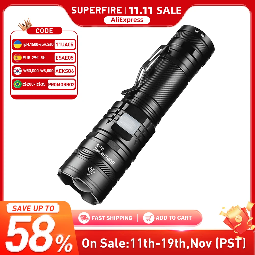

SUPERFIRE V8-S 36W High Power Tactical Flashlight Waterproof LED Super Bright 5000LM Zoom Torch Indicator USB-C Hunting Lights