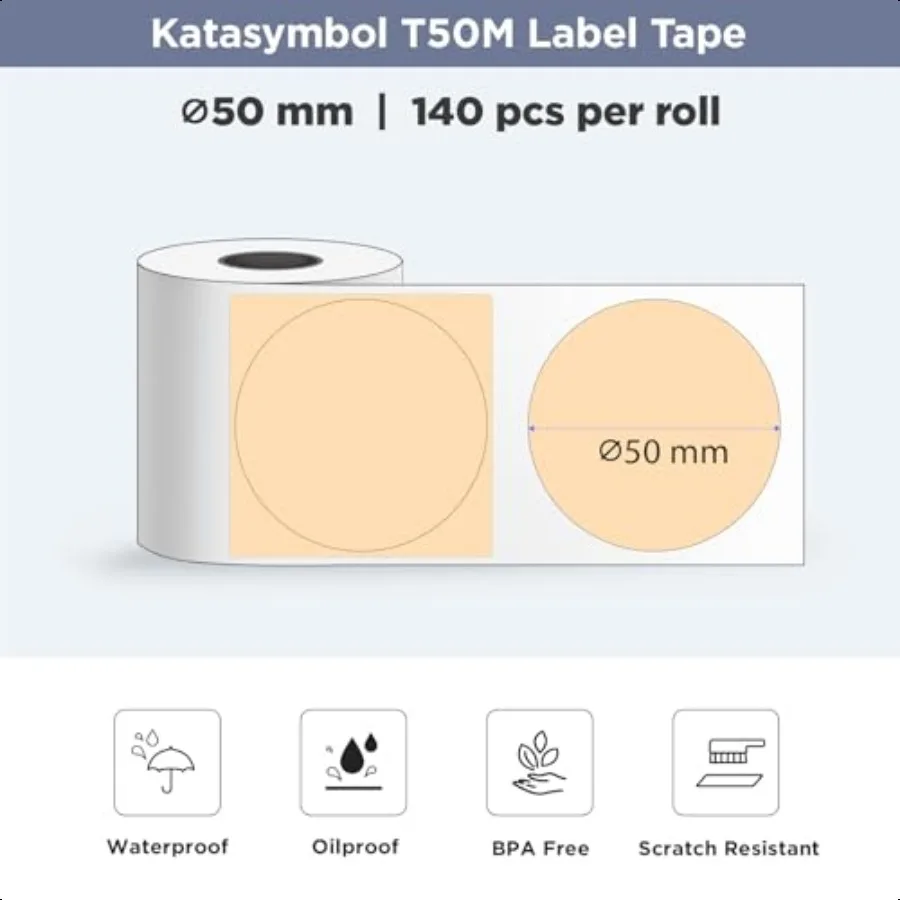 T50M 시리즈 라벨 메이커 테이프 원형 사이즈 2'' 140 라벨 롤 정품 라미네이트 열 라벨 테이프 리필 방수 오일프루프