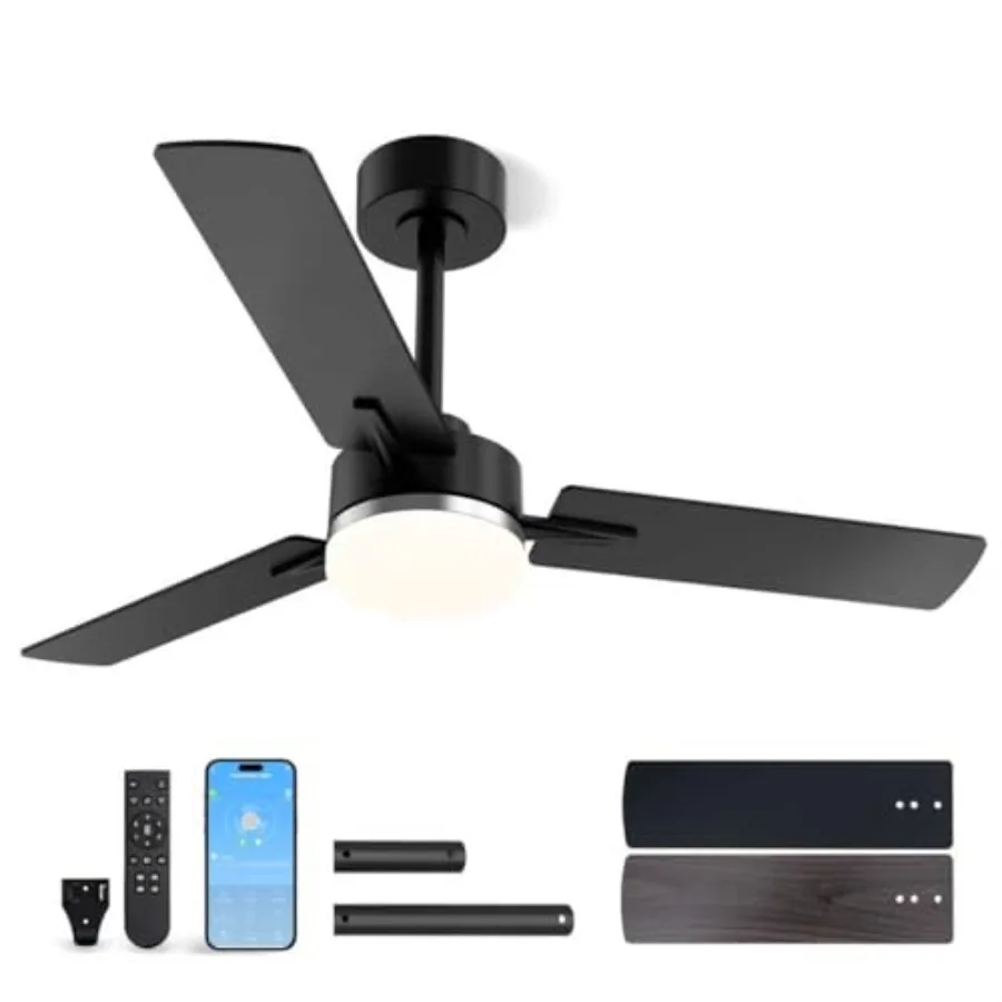 Bedroom and living room ceiling fan with light, silver and black metal, modern flush mount low profile design, reversible quiet