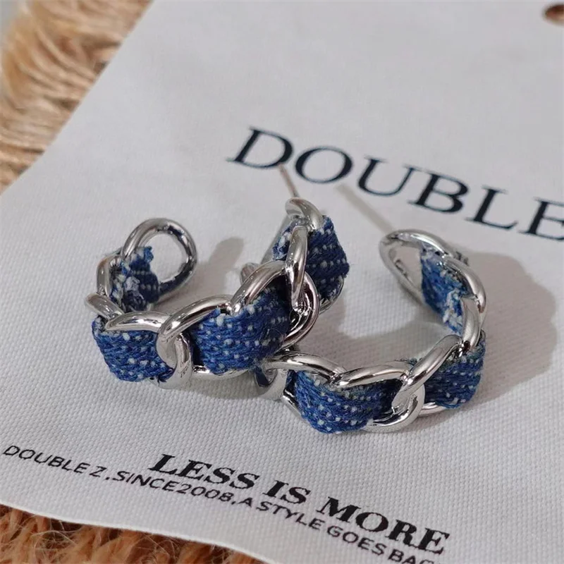 

Personalized Blue Denim C-Shaped Earrings For Women Vintage Metal Chain Earrings Summer Day Beach Vacation Style Jewelry Gift