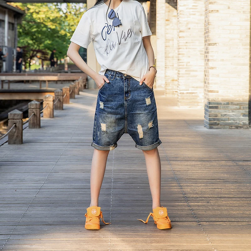 

High Waist Denim Shorts Women's Loose Fit Torn Korean Style Harlan Pants Five Parts Large Size Wide Leg Hot Shorts Trendy