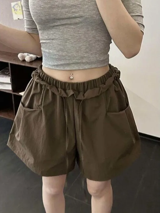 Cafe Brown American Style Pleated Waist Workwear Shorts Women Summer Thin Loose Small Size Ice Silk Quick Dry Sports Pants