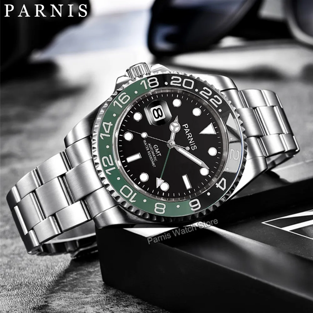 

Parnis 40mm Sapphire Crystal GMT Automatic Movement Left Crown Men's Boy Watch Luminous Marker Date Black Green Bezel