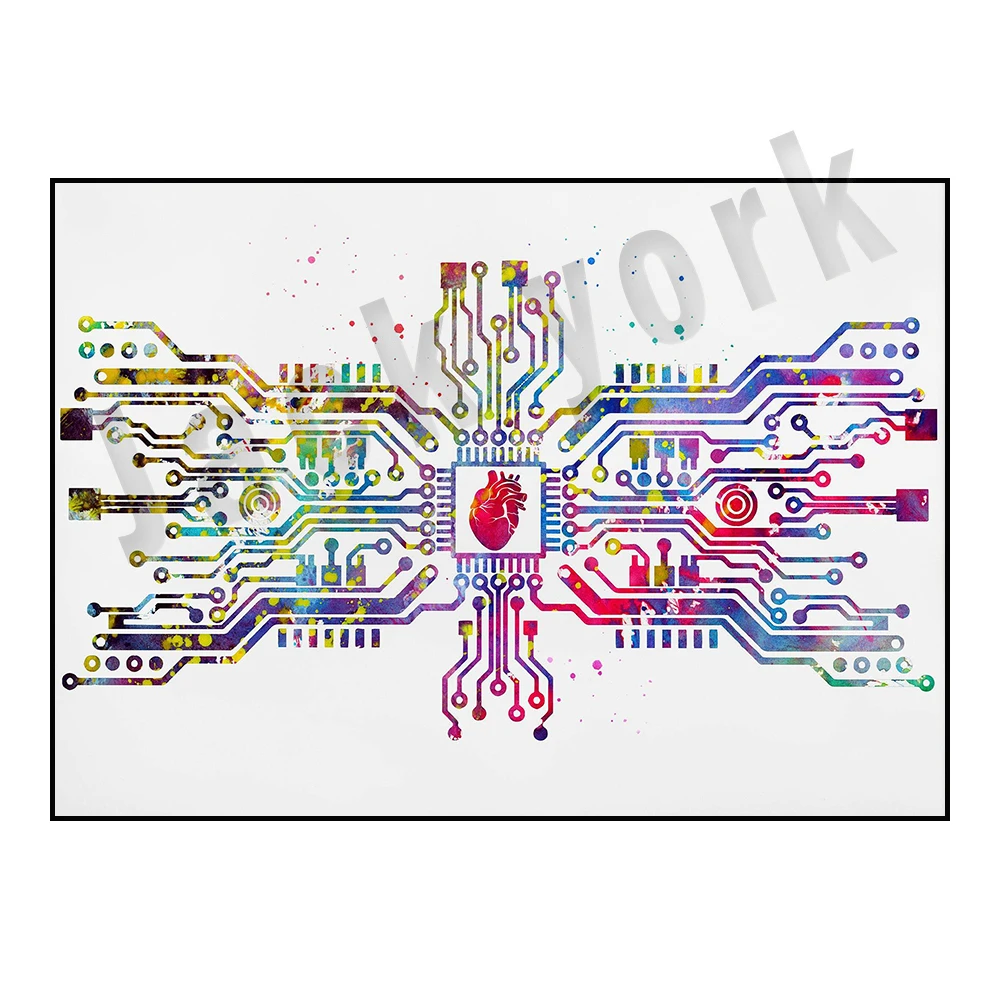 Circuit board with brain heart watercolor computer science electronics motherboard poster, watercolor print