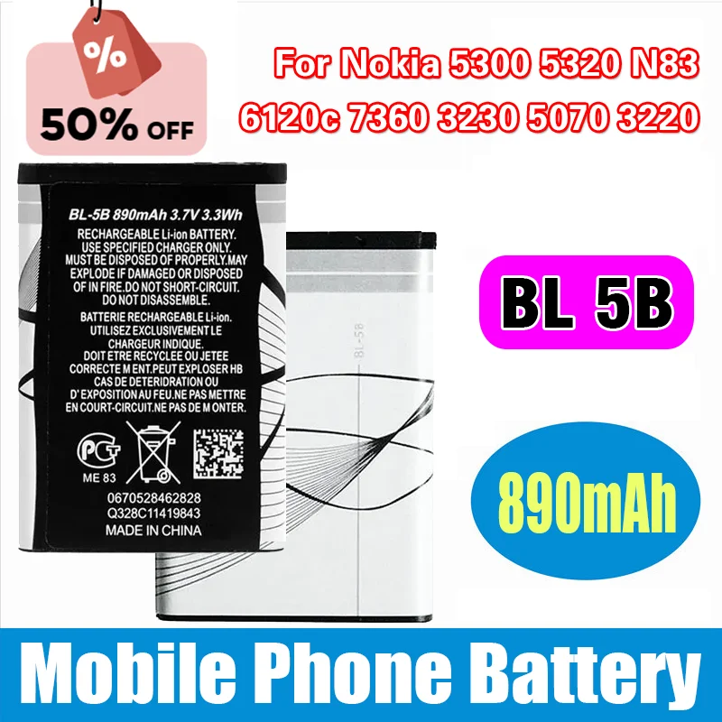 

BL 5B 890mAh Battery 5300 5320 N83 6120c 7360 3230 5070 3220 Li Batteries Rechargeable for Mobile Phones Nokia Plug-in Speaker