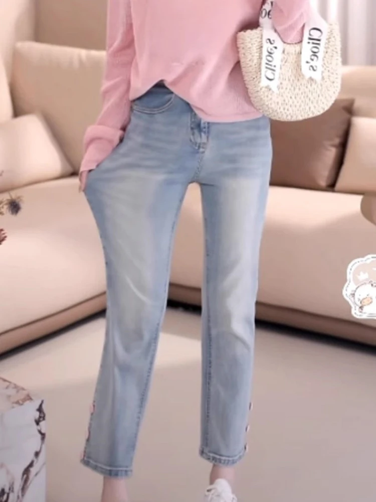 High Waist Thin Denim Jeans Women's Summer Faionable Straight Leg Nine Points Pants Wear Resistant Slimming Design Sensation