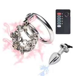 Electric Shock Stainless Steel Penis Lock Chastity Cage Small Male Metal Penis Cage Bondage Belt Ring Slave Electro Butt Plug