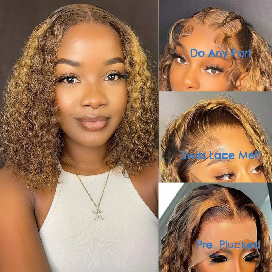 Perruque Bob Lace Front Wig Naturelle Bouclée, Cheveux Courts, 13x4, à Reflets Ombrés, pour Femme