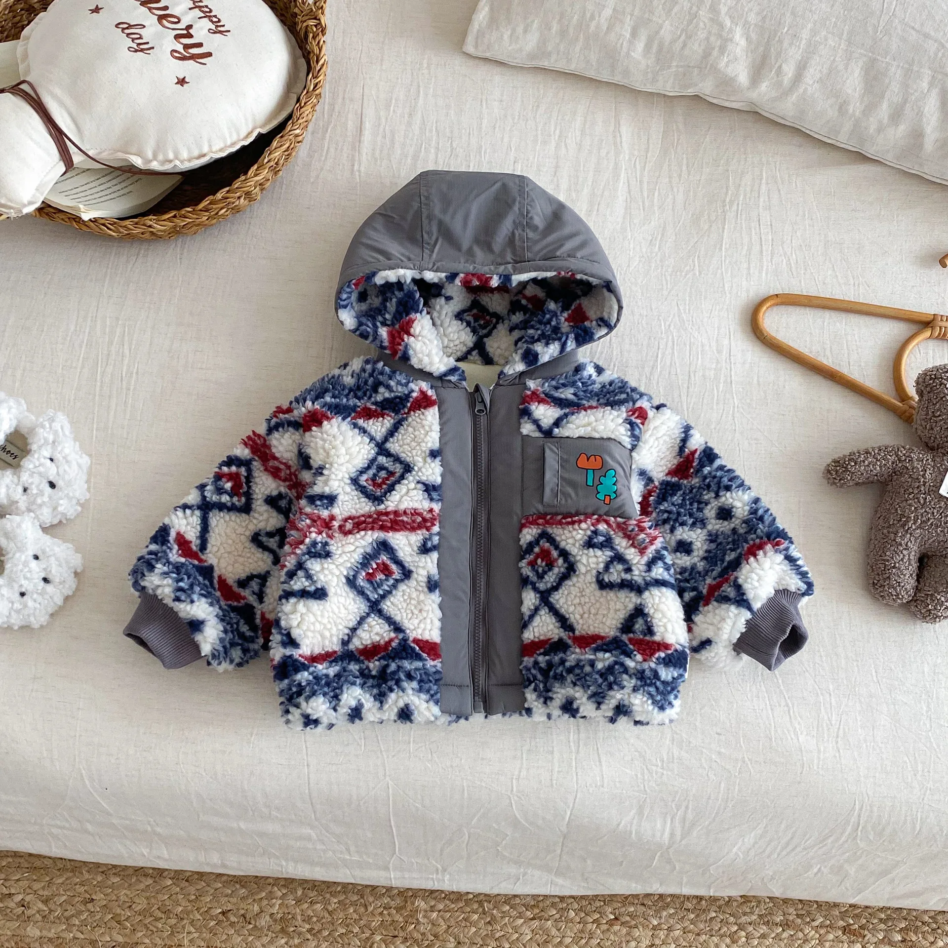 

Children's Warm Winter Coat 0-5Y Kid Boy Fleece-Lined Hooded Jacket Plush Printed Aztec Pattern Patch Design Thickened Outerwear