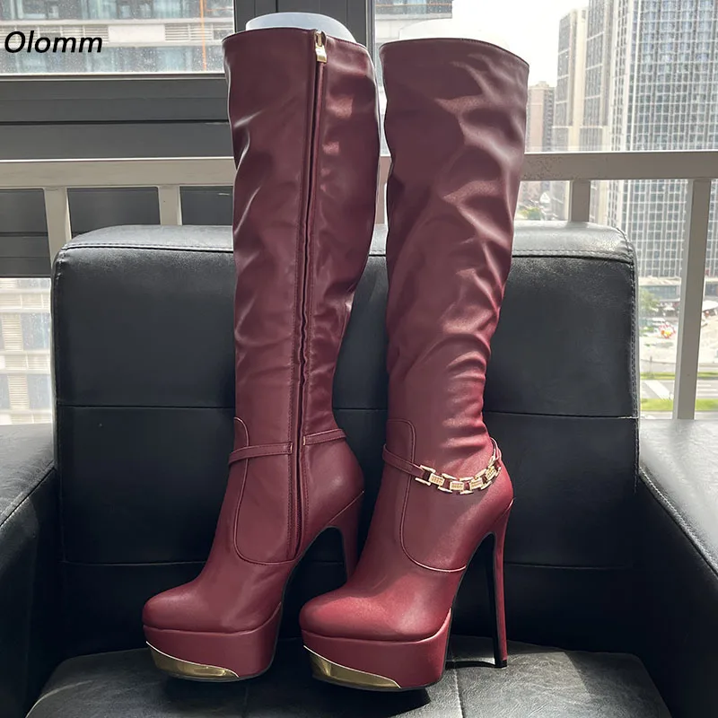 Olomm New Arrival Women Platform Knee Boots Sexy Thin High Heels Round Toe Nice Burgundy Party Shoes Ladies US Plus Size 5-20