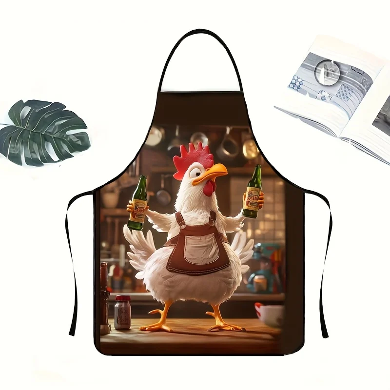 Funny Chicken Chef Beer Print Apron Waterproof Animal Theme Kitchen Cooking Bib for Men Women Household Grilling Cover