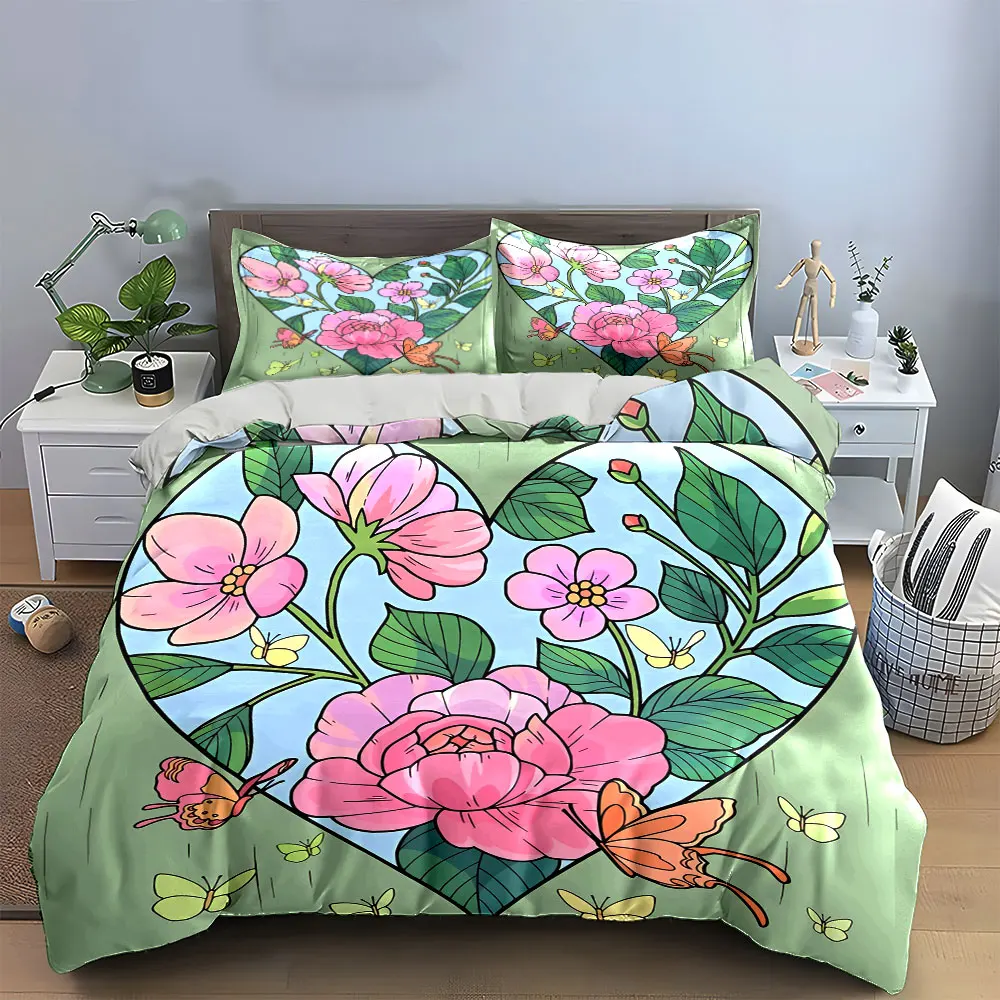 Heart-Shaped Floral Art Set Bedding Set with 1 Duvet Cover 2 Pillowcases Single Double King Queen, Gift