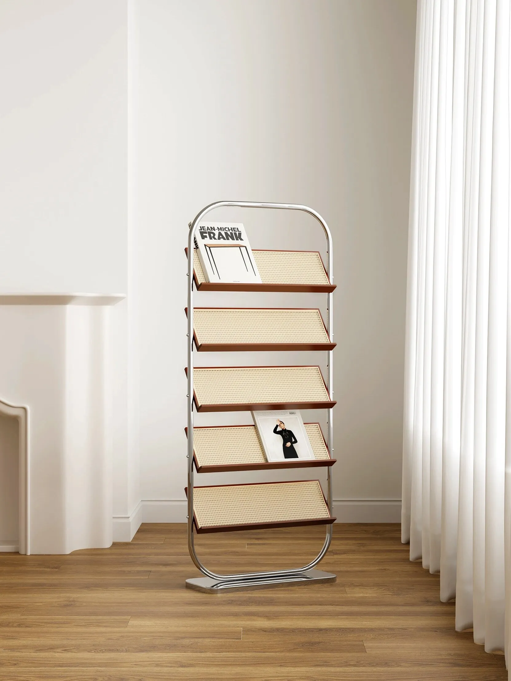 Mid-century Stainless Steel Customizable Half Circle Multi-tier Floor-standing Book Newspaper Rack Magazine Organizer Small