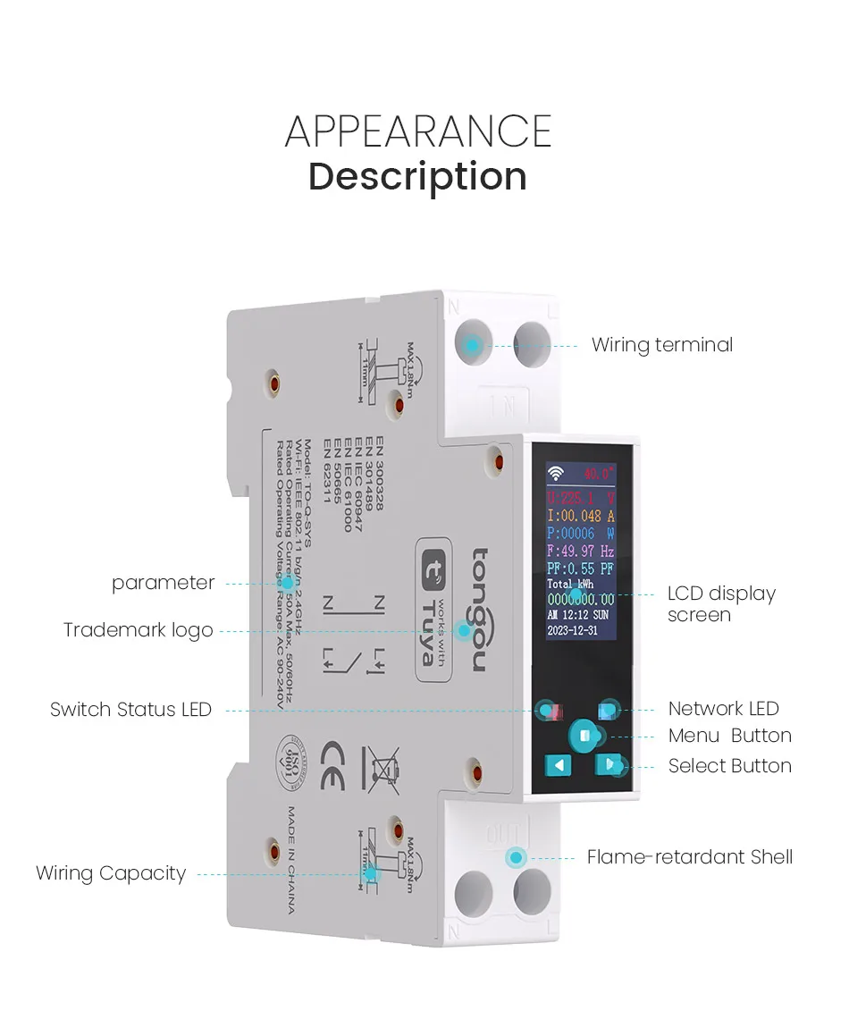 With Tuya Smart Life,APP Control,1-50A Adjustable Suitable for TONGOU WIFI/Zigbee LCD Display Smart Switch,Energy Meter,Timer