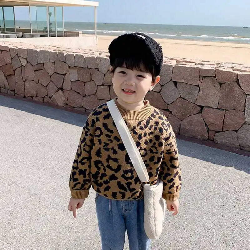 2023 Autumn Winter Girls Boys Leopad Single Fleece Long Sleeve Sweaters