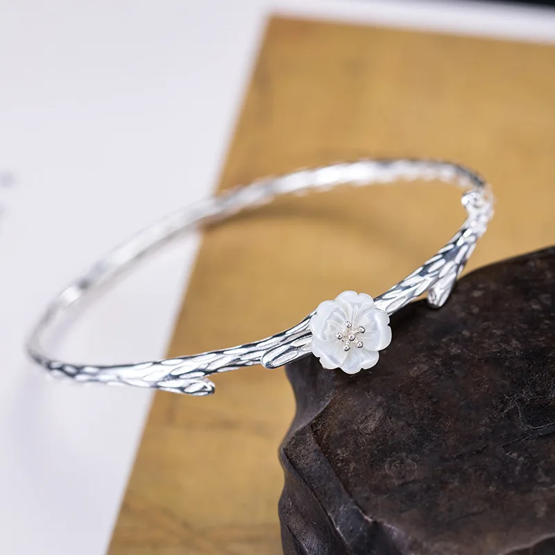 

Handcrafted S925 Silver Jewelry Bracelet, Branch Cherry Blossom Shell Bracelet, Minimalist Floral Wristband, Retro Classic Jewel